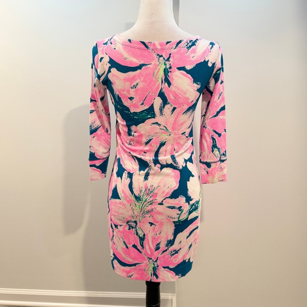 Lilly Pulitzer Sophia Dress Tidal Wave Pan's Garden Pink Teal 3/4 Sleeve XS - Picture 3 of 10